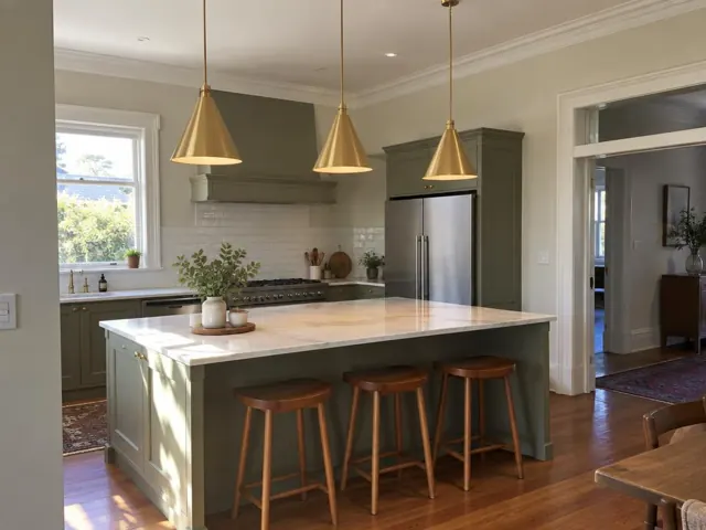 Three brass pendant lights over a kitchen island in a traditional home with green cabinetry in Toronto